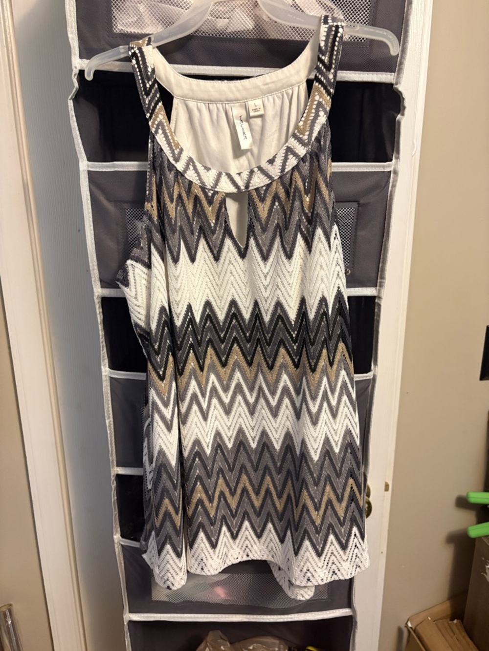 Sleeveless Chevron Knit Tank Top with lace overlay in Ivory, Gray & Gold
